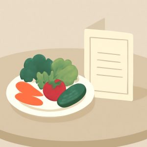 外食の予定を考えるイメージイラスト。野菜の皿と文字のないメニュー